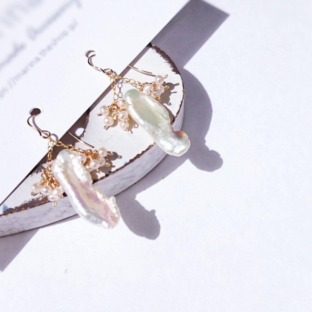 14kgf*Japanese baroque pearl chandelier earring/pierced earring - 耳环/耳夹 - 宝石 白色