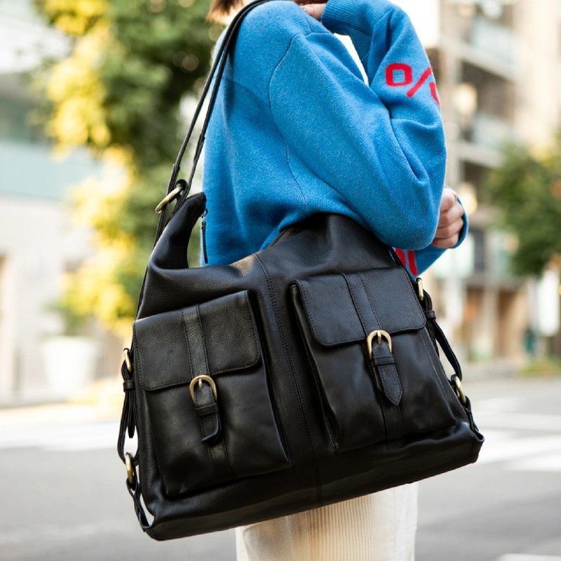 手提包 单肩包 斜背包 大容量包包 多夹层收纳 黑色 - 后背包/双肩包 - 真皮 黑色