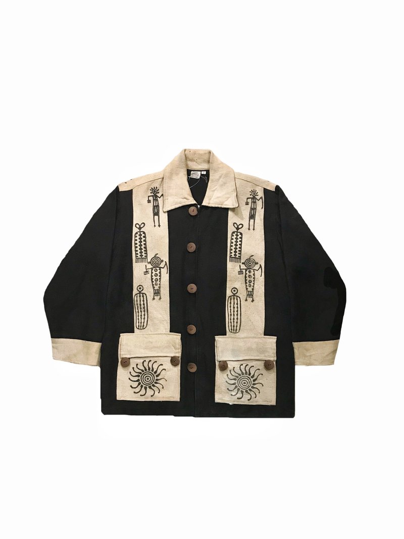 • 爱头牌 • Vintage Pattern Crazy Jacket 尼泊尔手工印刷外 - 男装外套 - 棉．麻 黑色