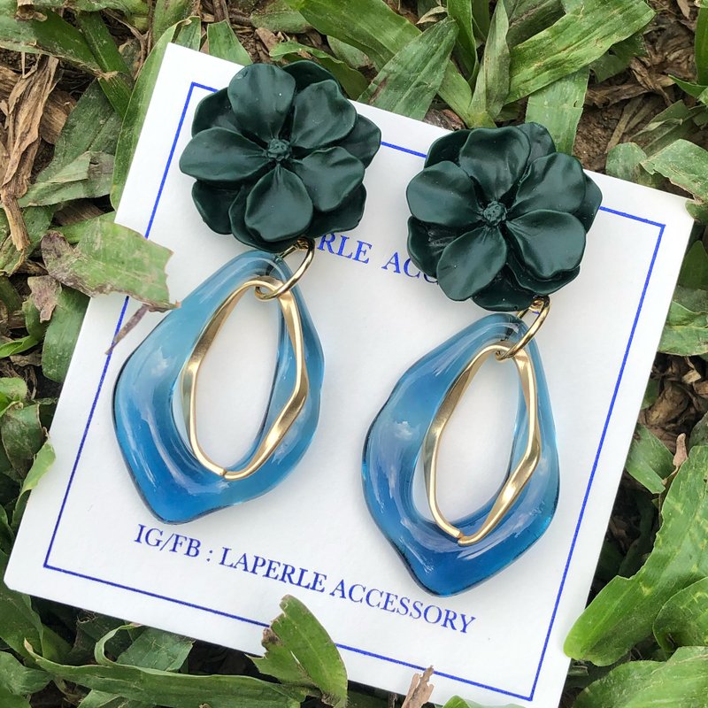 古典 黑花大圈耳环 耳夹 姊妹团礼物  生日 女朋友 婚礼礼物 - 耳环/耳夹 - 其他材质 蓝色