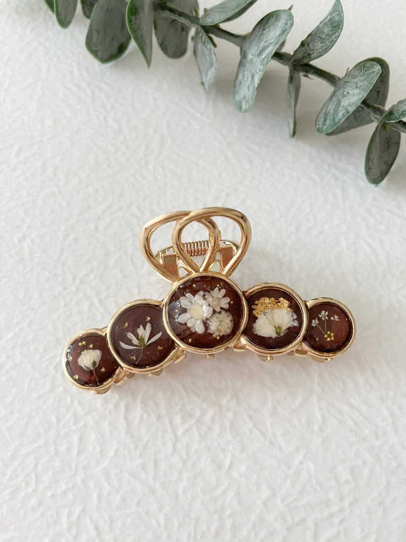 啡色vintage抓夹 押花包头夹马尾夹棕色干花抓夹发夹弹簧夹鲨鱼夹 - 发饰 - 植物．花 