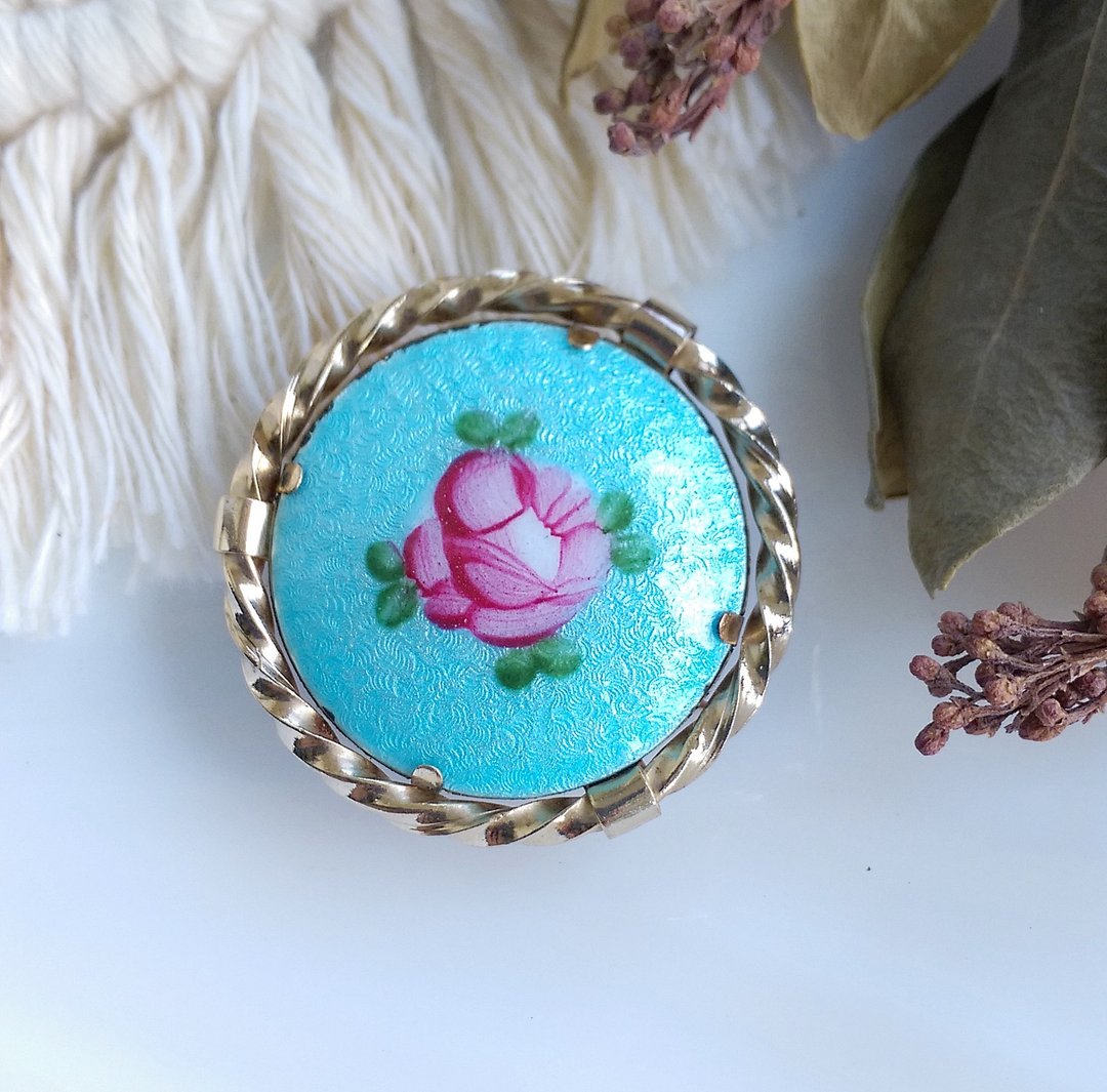 Vintage Jewelry 西洋古董饰品 Guilloche  优美手绘玫瑰 别针 - 徽章/别针 - 其他金属 金色