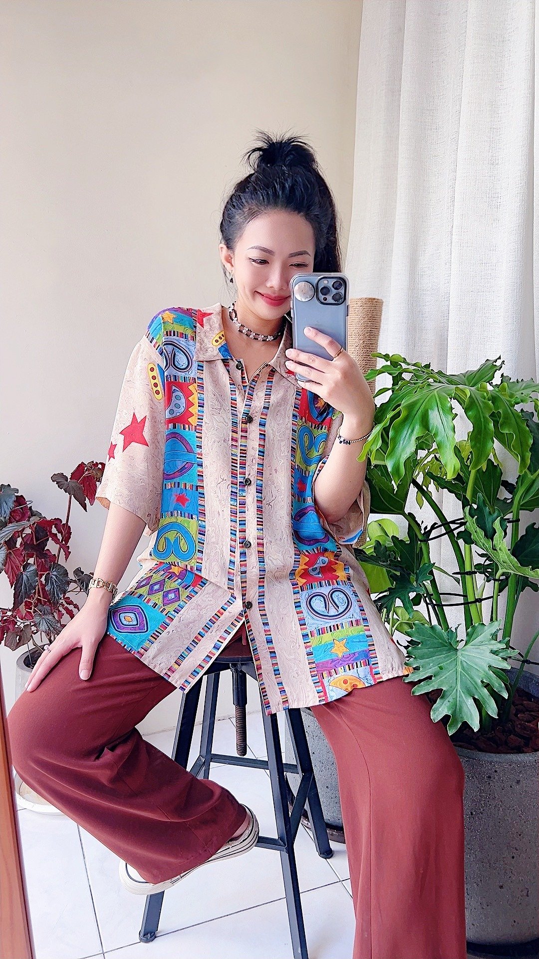 粉肤童趣涂鸦 雪纺纱微透肤 薄料衬衫上衣罩衫shirt vintage 古着 - 女装衬衫 - 聚酯纤维 多色