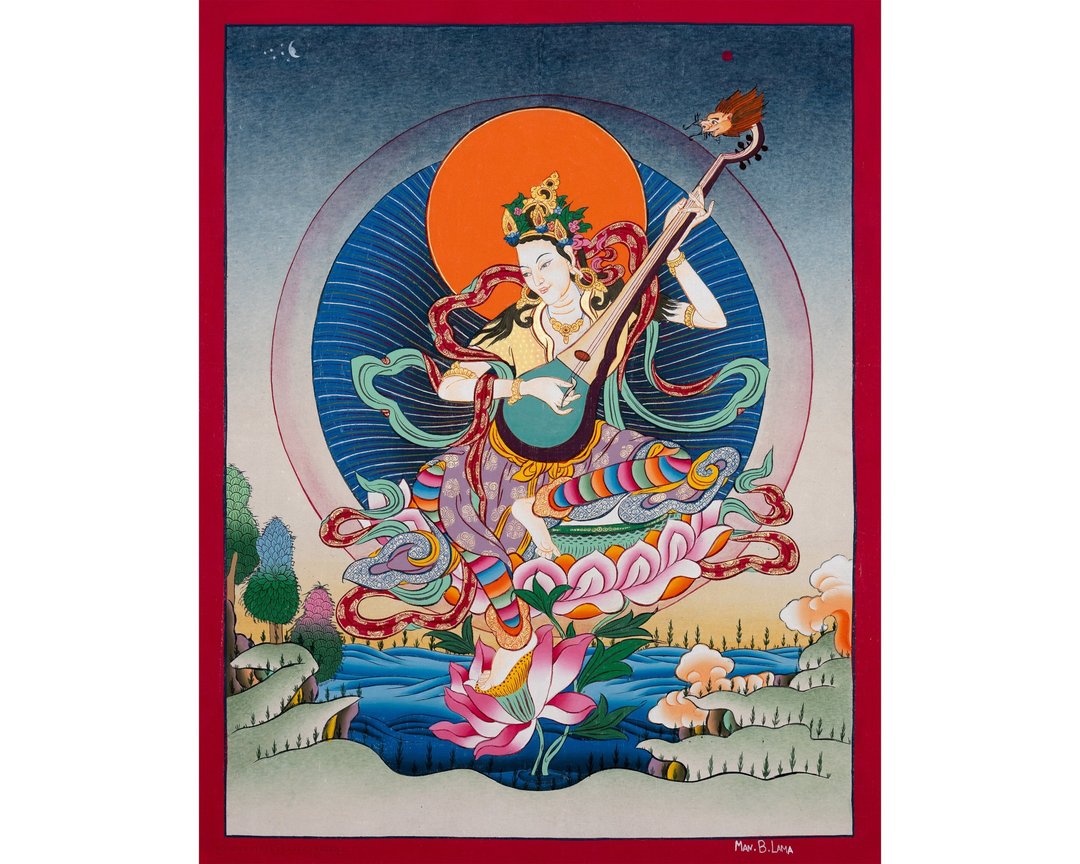 神圣的萨拉斯瓦蒂唐卡 以神圣知识丰富您的空间 - 墙贴/壁贴 - 其他材质 多色