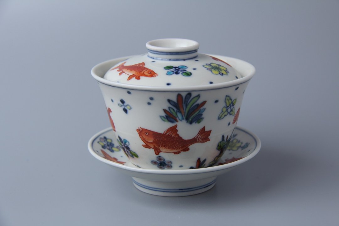 斗彩九鱼盖杯 - 茶具/茶杯 - 瓷 