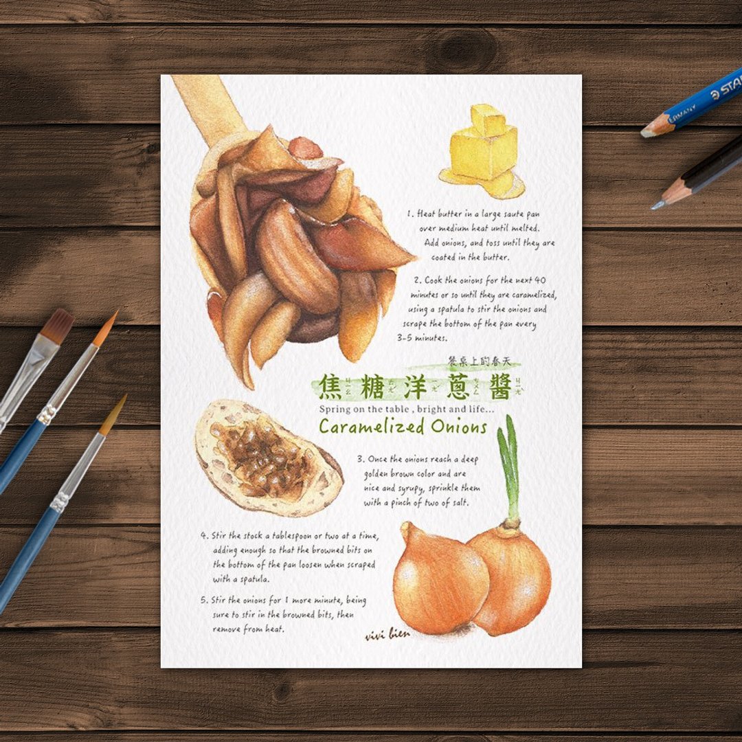 美食插画 明信片 – 焦糖洋葱酱 - 卡片/明信片 - 纸 白色