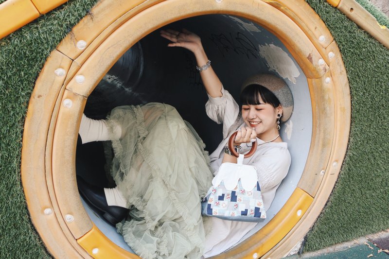 昭和拼布富士山木环包 蓝 - 手提包/手提袋 - 棉．麻 