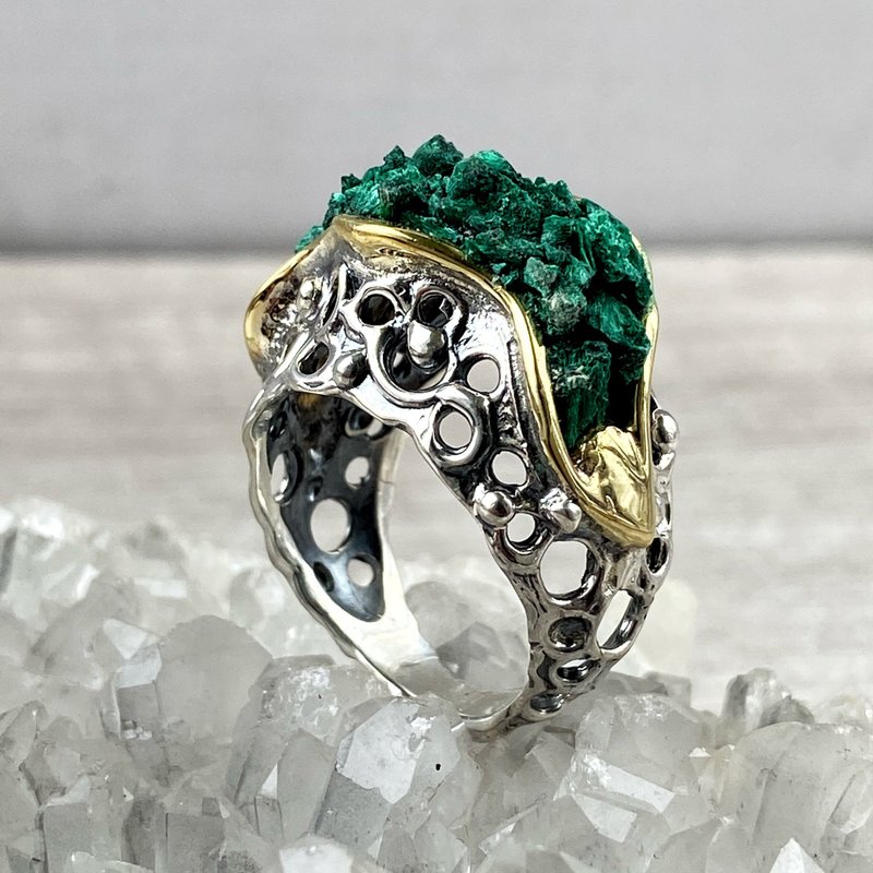 Sterling silver and 24 K gold plated silver malachite ring, Made in Armenia - 戒指 - 纯银 绿色