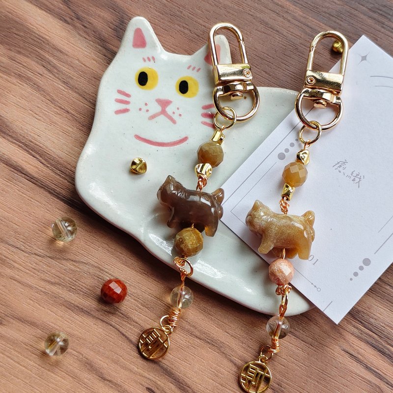 【珊瑚玉猫猫带财×黄水晶小吊饰】富贵平安 招财 - 吊饰 - 水晶 咖啡色