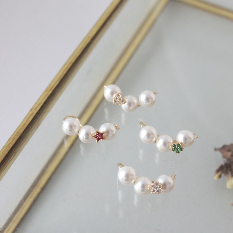 【礼物】造型锆石水晶珍珠14k包金耳针耳夹 - 耳环/耳夹 - 宝石 多色