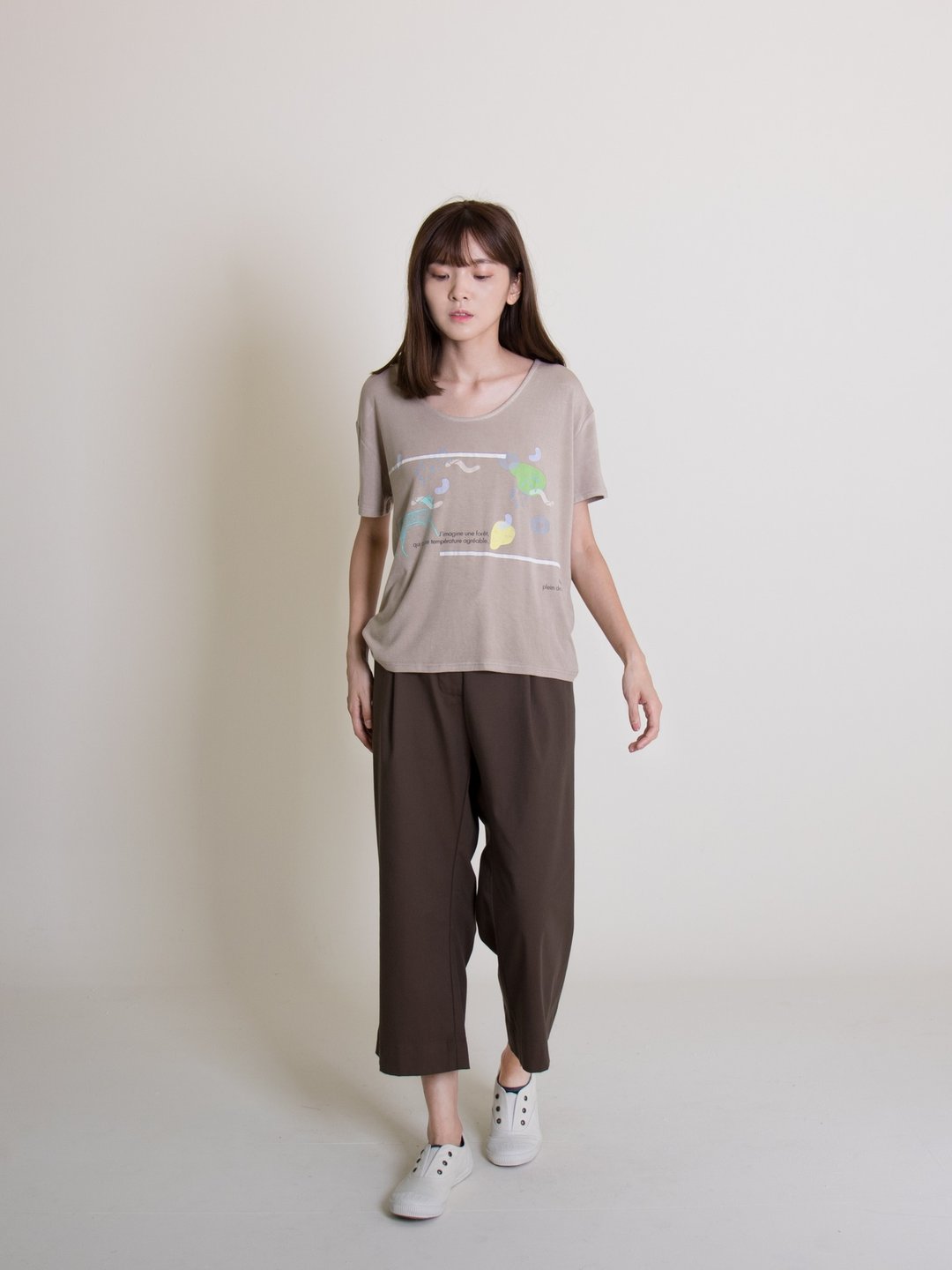 短版T 奶茶 - 女装 T 恤 - 棉 卡其色