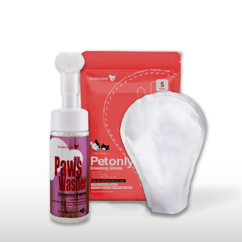 蹦蹦跳猫咪清洁组 玫瑰天竺葵猫咪清洁慕斯+擦澡手套5入/1包 - 清洁/美容 - 其他材质 红色
