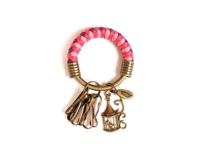 钥匙圈(小)5.3CM 桃红+粉红+紫+鸟笼 手工 编织 腊绳 铁环 定制化 - 钥匙链/钥匙包 - 其他金属 多色