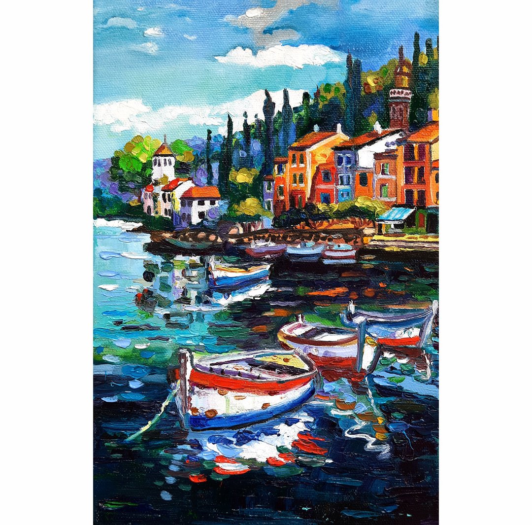 油畫原作 Italy Painting 手工油畫 Original Art 油畫 Oil Painting Sailboat Art Wall Decor - 墙贴/壁贴 - 其他材质 蓝色