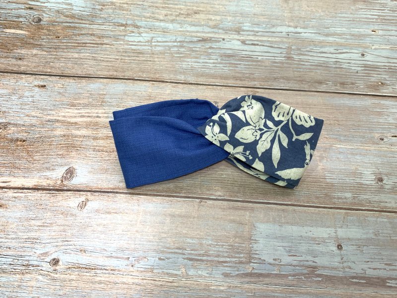 交叉发带/双色拼接款/矿蓝+白色花卉 - 发带/发箍 - 棉．麻 蓝色