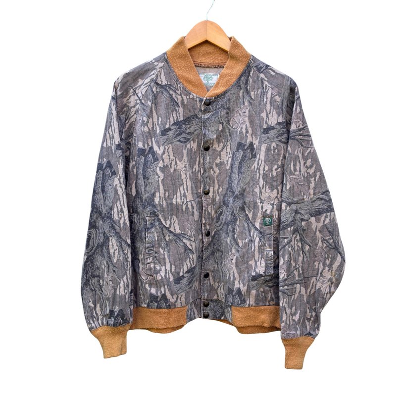 复古 90 年代 Mossy Oak 迷彩图案 树梢森林树叶飞行员夹克 - 男装外套 - 棉．麻 咖啡色