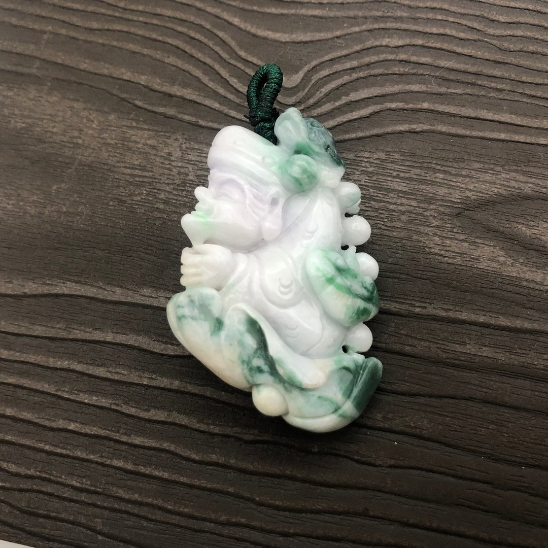 乘莲济公-缅甸A货翡翠糯种白底青辣绿吊坠项链/送礼/平安/带财 - 项链 - 玉石 白色