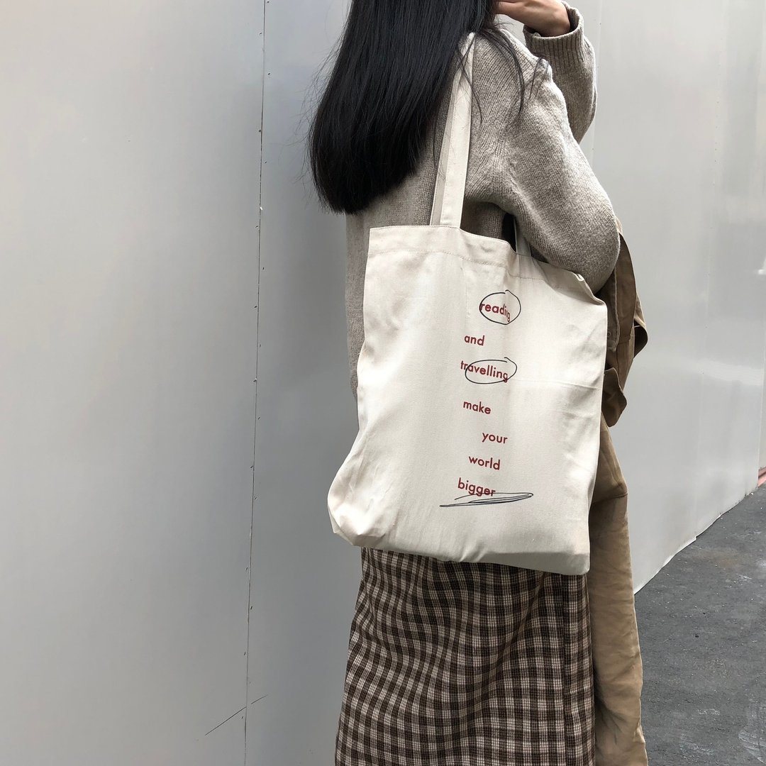 环保购物袋/reading and travelling/斜纹布 - 侧背包/斜挎包 - 棉 卡其色