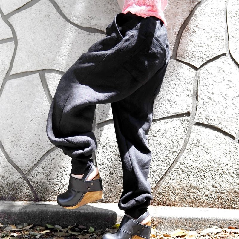 Saruel Jogger WIDE Pants / Hem Rib - 男士长裤 - 棉．麻 黑色