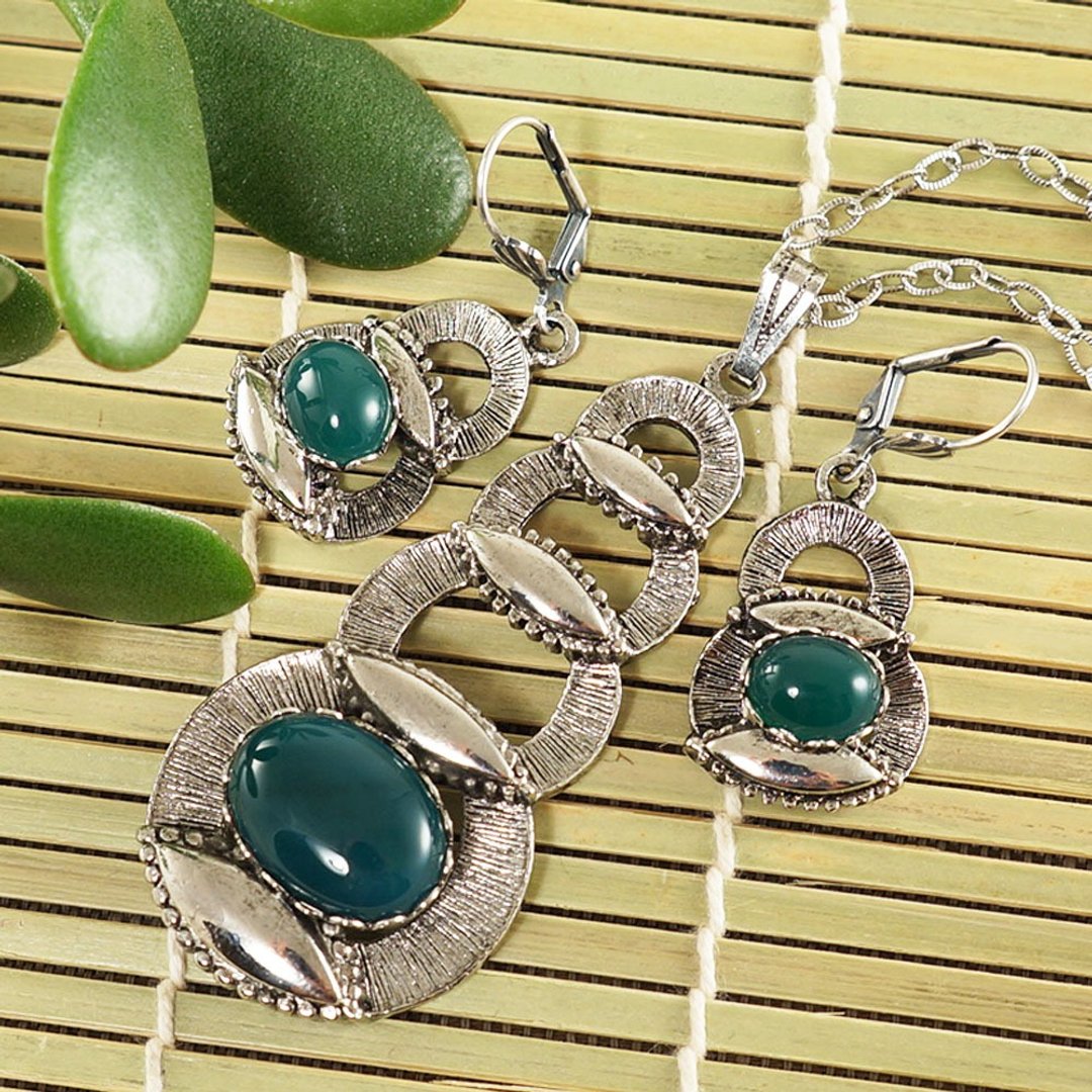 Necklace and Earrings Dark Green Agate Silver Jewelry Set Pendant and Earrings - 项链 - 半宝石 绿色