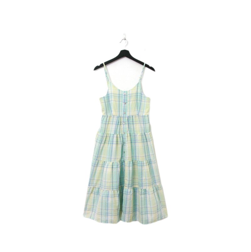 Back to Green-复古长洋装 细肩带 水蓝格纹Ls-49//vintage dress - 洋装/连衣裙 - 棉．麻 
