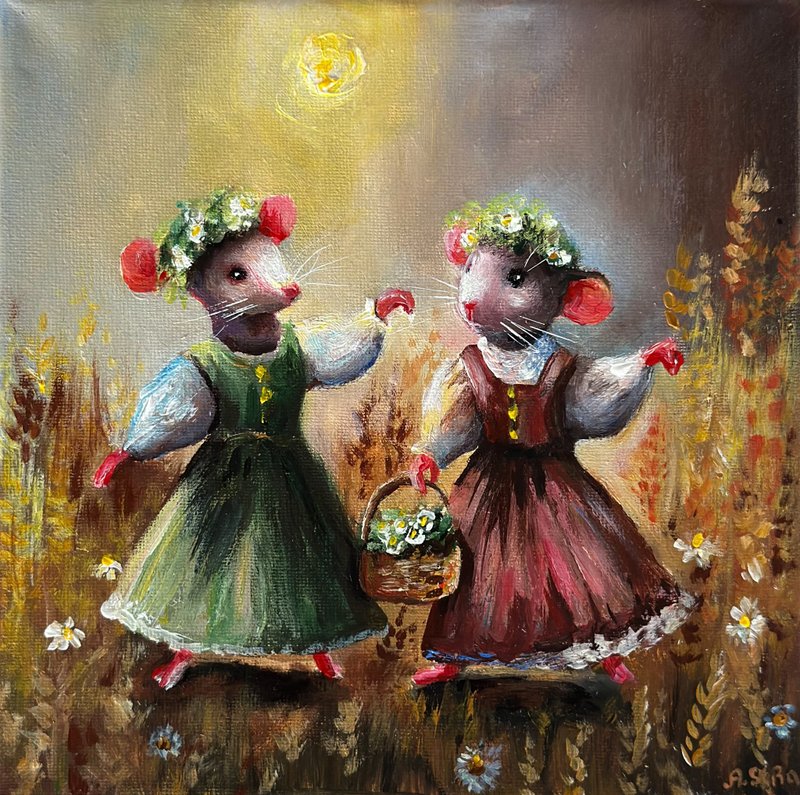 画布画 老鼠 田野 精灵艺术 小老鼠插画 森林动物 - 墙贴/壁贴 - 棉．麻 多色