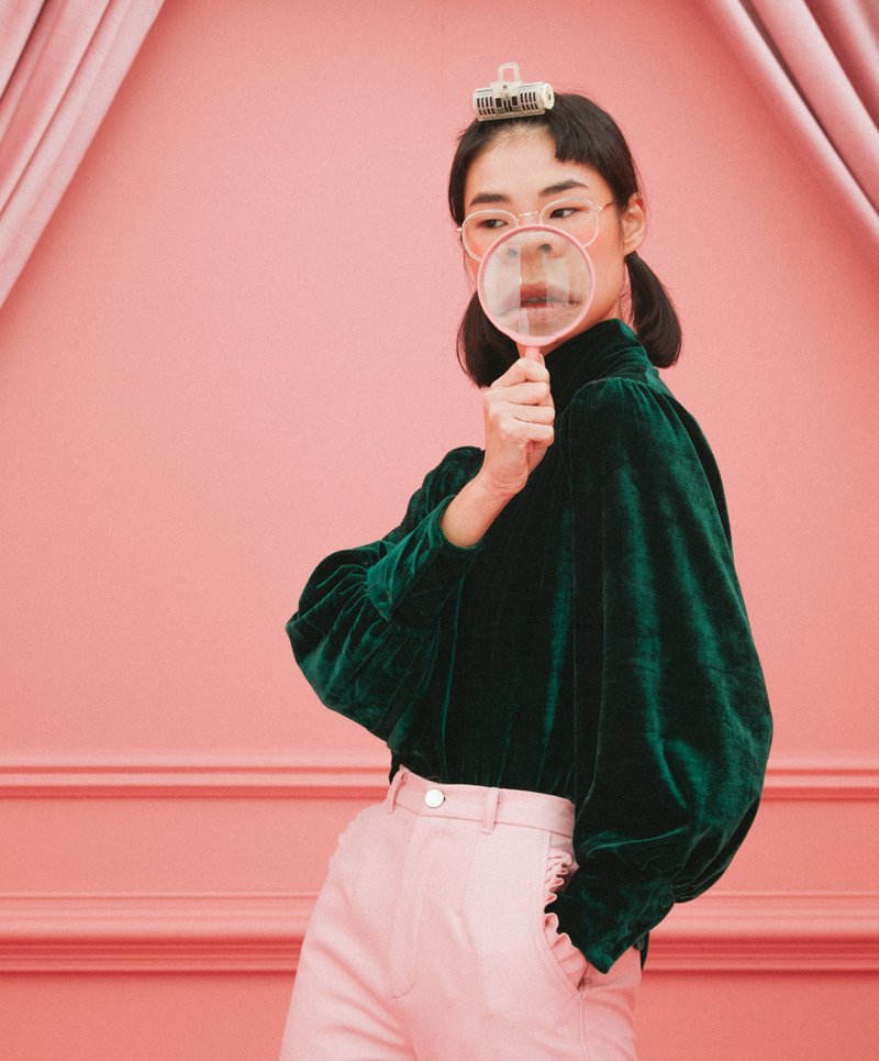 小企领泡泡袖上衣 - 女装衬衫 - 棉．麻 绿色