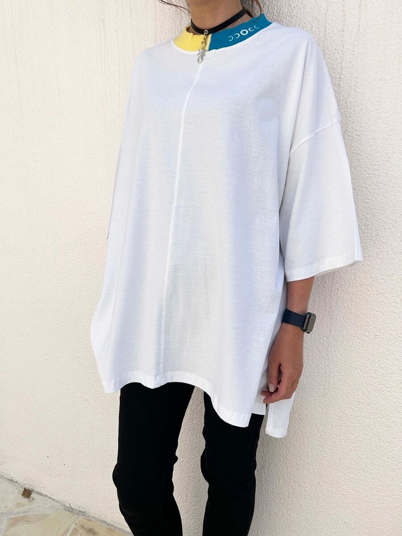 罗纹拼接宽版T恤 / 黑色 / 白色 / 蓝色 / F尺寸 / hellcatpunks / hcp-t-0221 - 女装 T 恤 - 棉．麻 白色