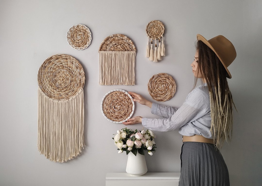 Boho style wall decor. Handmade wall hanging. Set of 6 woven plates. Japandi - 墙贴/壁贴 - 防水材质 多色