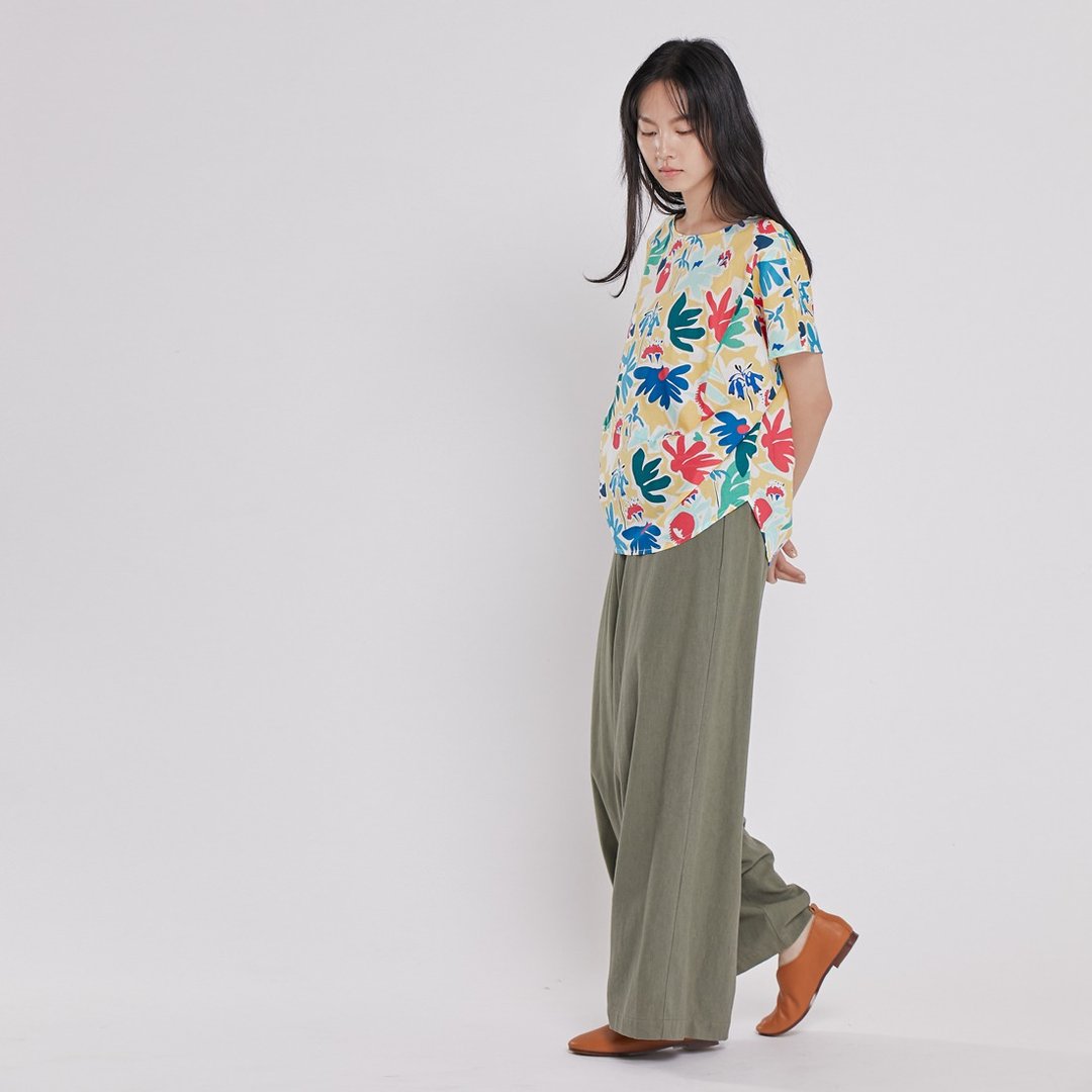 【女人节限定】整套组合-方型拼接棉质上衣+水洗棉麻不对称宽裤 - 女装上衣 - 棉．麻 黄色