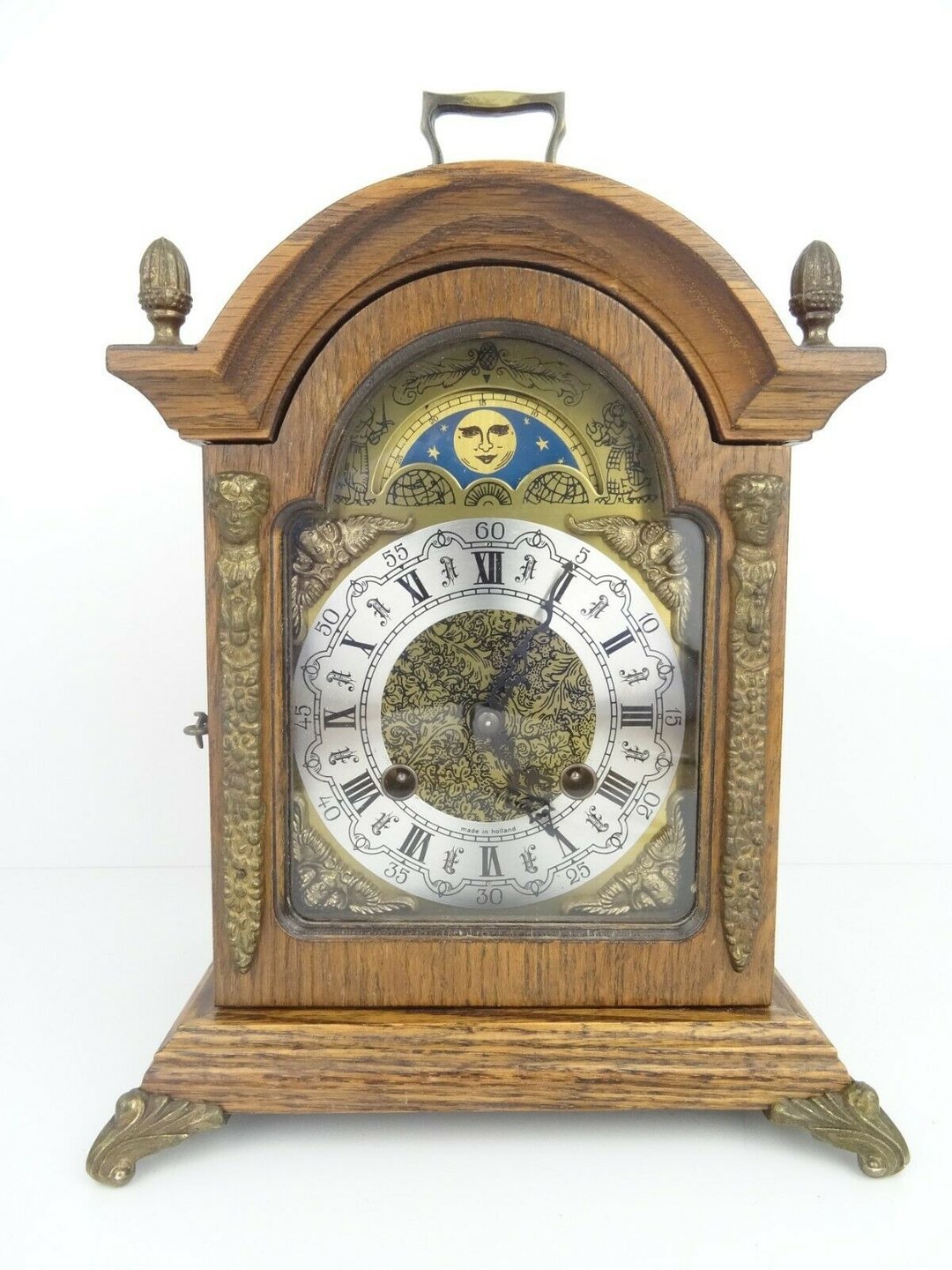 Antique Vintage Dutch Mantel Clock Warmink Wuba Shelf Bracket Moon Phase 8 day - 时钟/闹钟 - 木头 咖啡色