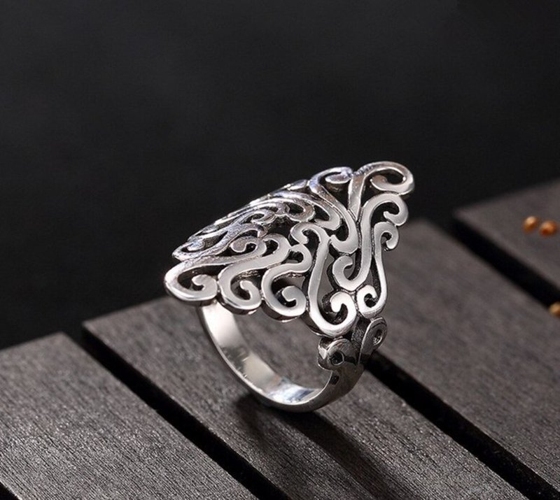 Real 925 Sterling Silver Open Finger Rings Women Vintage Hollow Totem Patterns - 戒指 - 银 银色