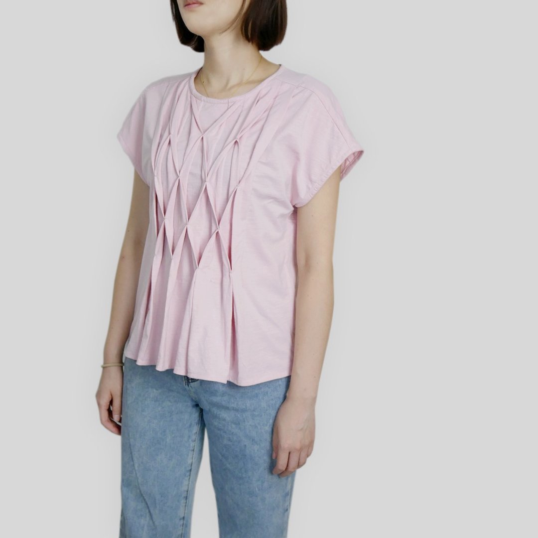 粉色立体格纹打折小盖袖 T-Shirt - 女装 T 恤 - 棉 粉红色