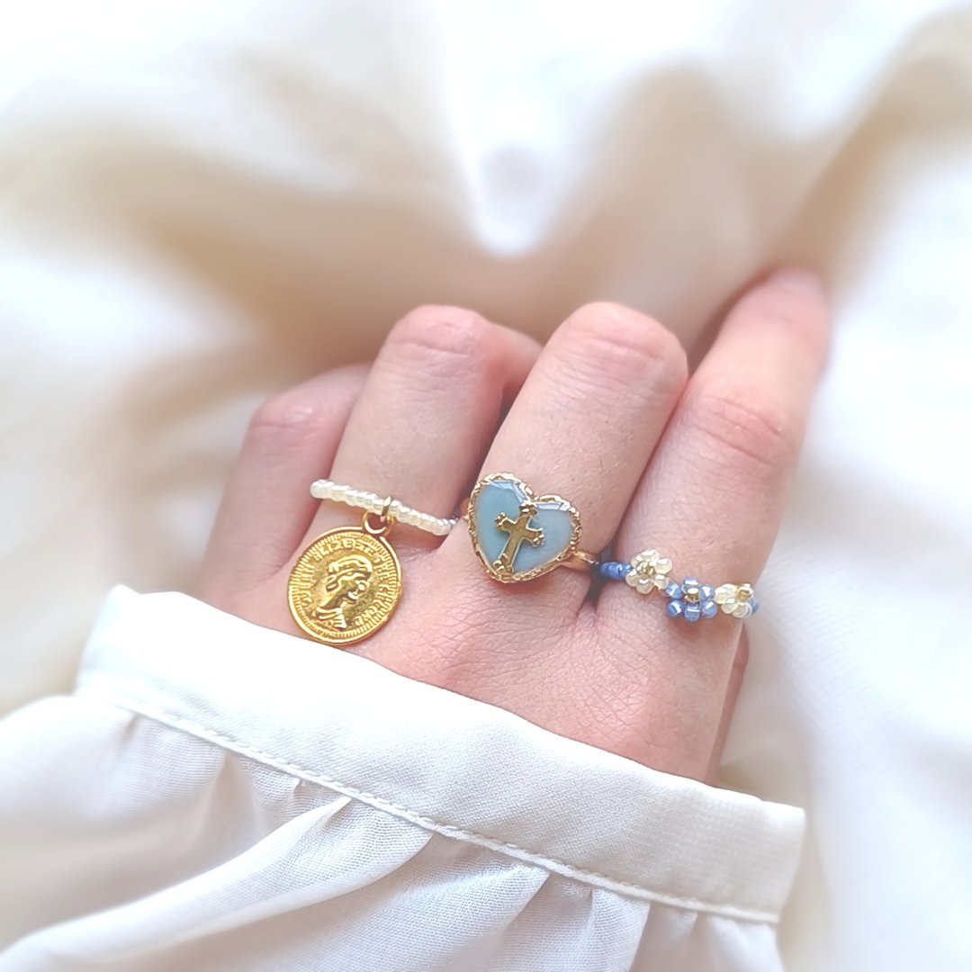 Ring 3-piece set (bead ring, coin ring, cross heart ring) - 戒指 - 树脂 蓝色