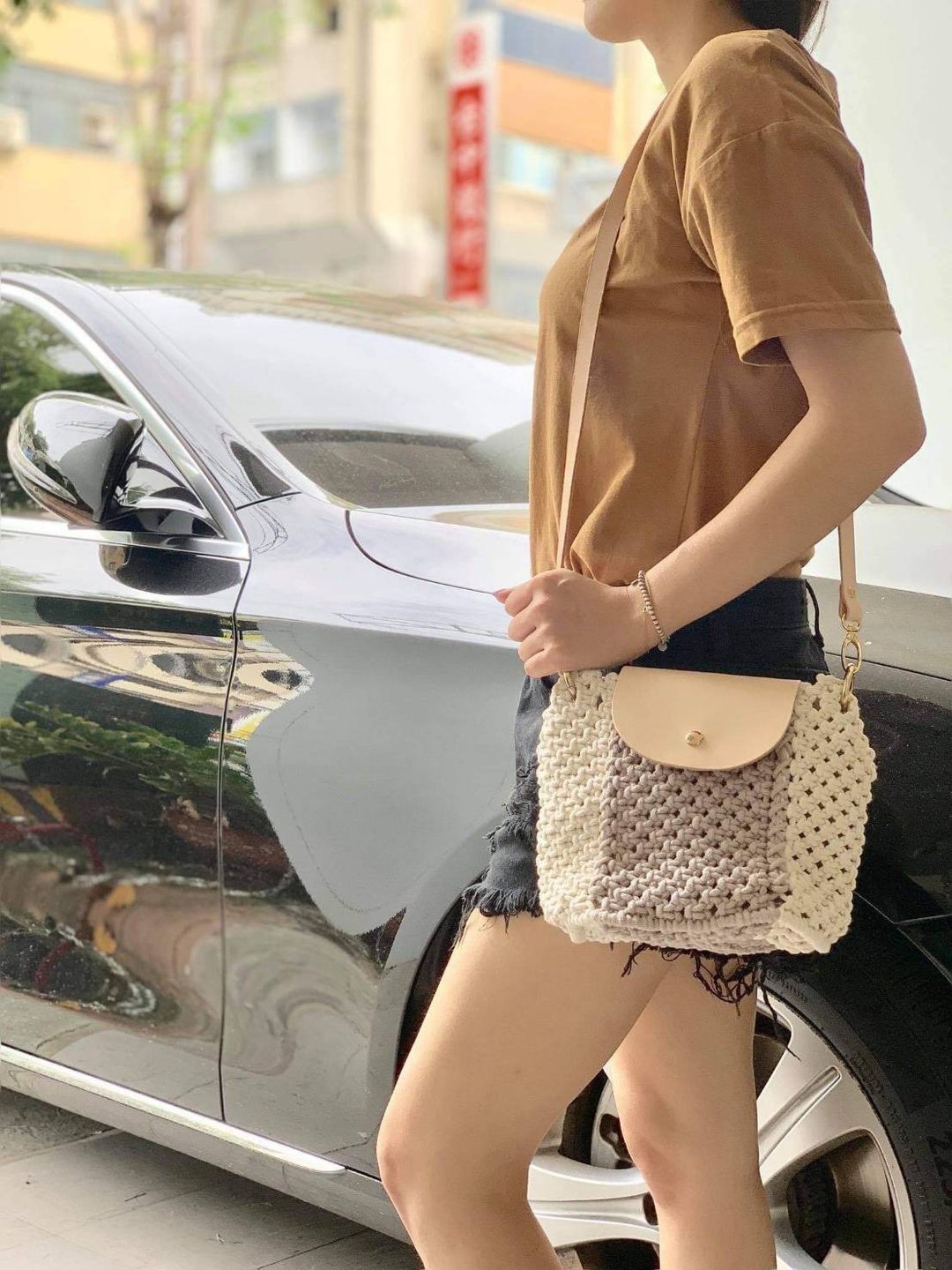 双色造型斜背包(Macrame Bag) - 侧背包/斜挎包 - 棉 