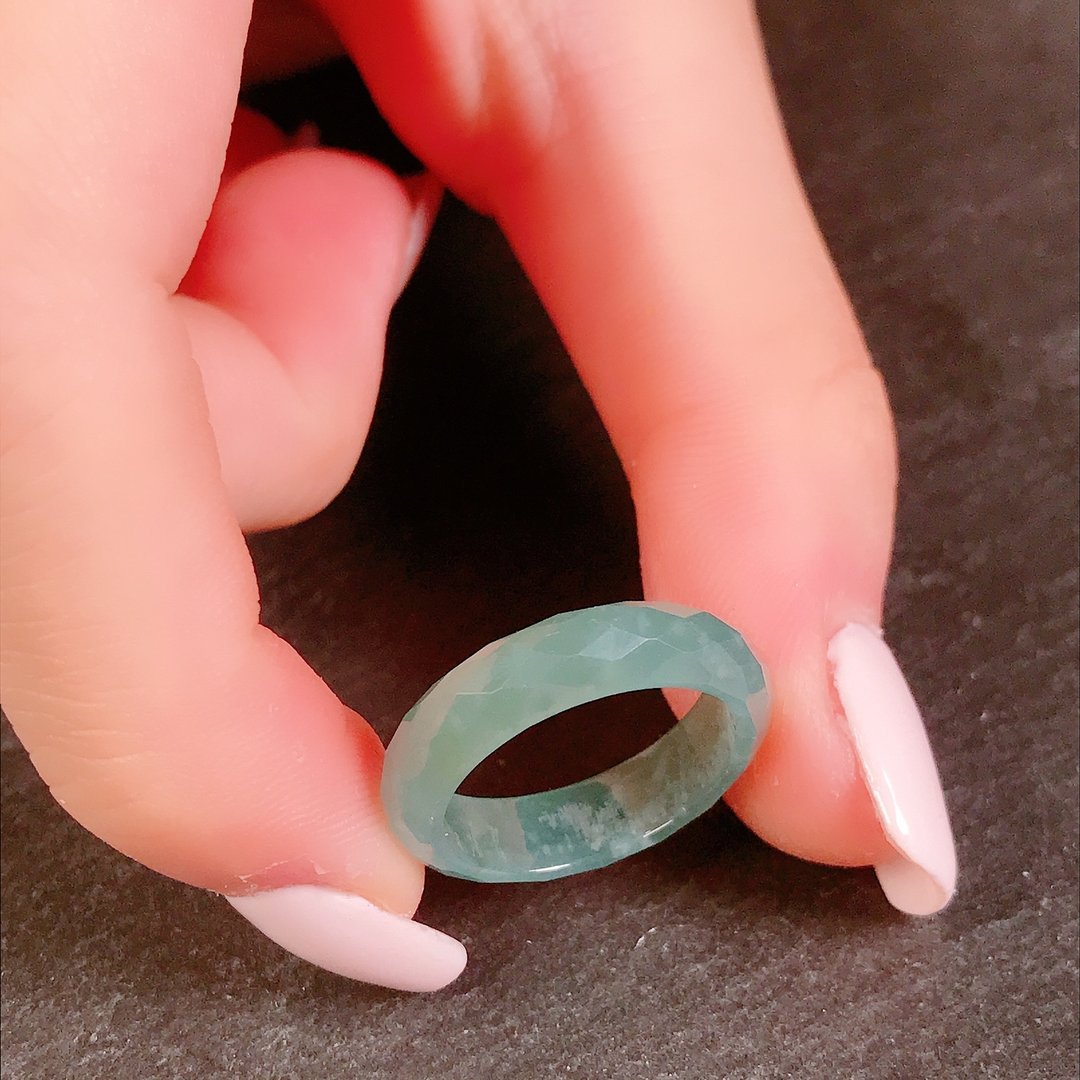 冰蓝水翡翠钻石切割面戒指戒圈 | 国际10围 | 天然A货翡翠 | 送礼 - 戒指 - 玉石 蓝色