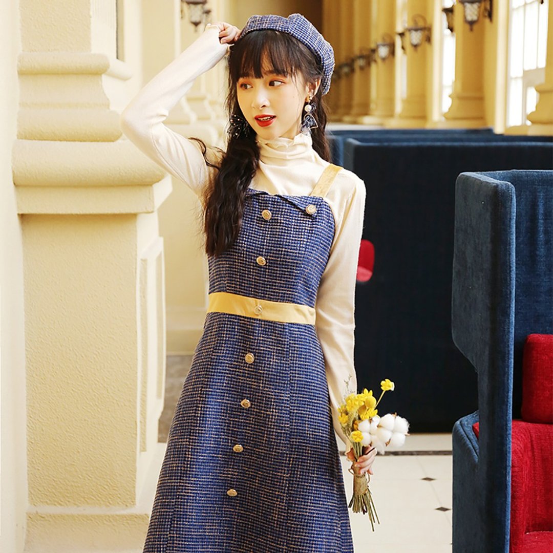 2019秋冬新款吊带连衣裙中长款内搭打底显瘦法式复古洋装女9793 - 洋装/连衣裙 - 其他材质 
