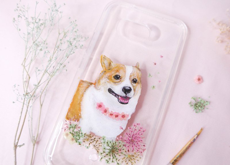定制化手绘宠物押花手机壳 | 狗狗 柯基 - 手机壳/手机套 - 植物．花 粉红色