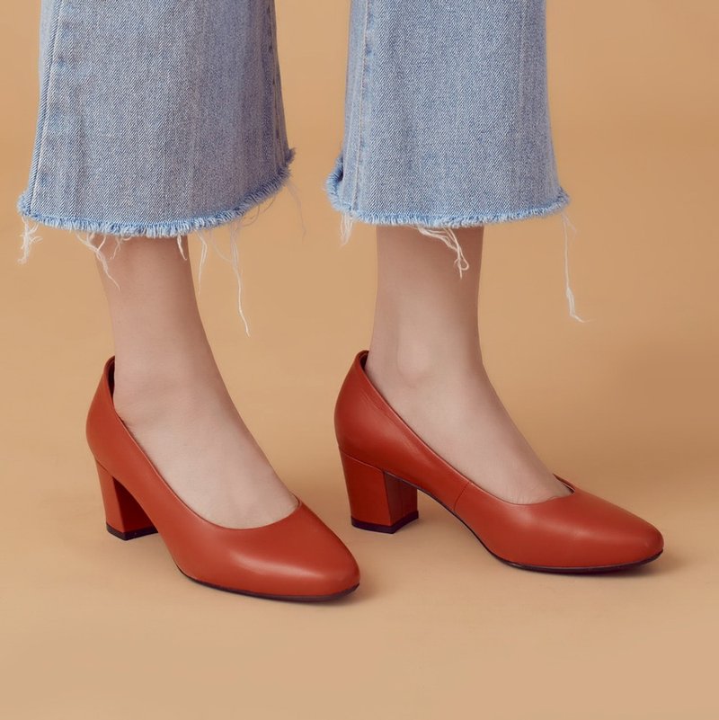 微整形效果!通勤OK小方头中跟鞋 橙 MIT全真皮 台湾手工 - 高跟鞋 - 真皮 橘色