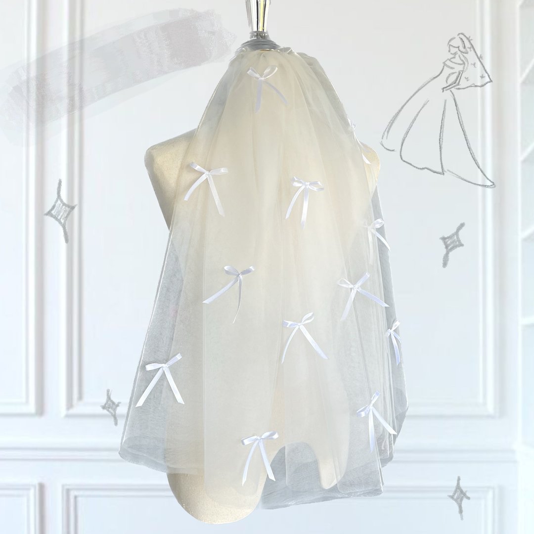 White Ribbon Veil : Wedding bridal veil - 发饰 - 绣线 