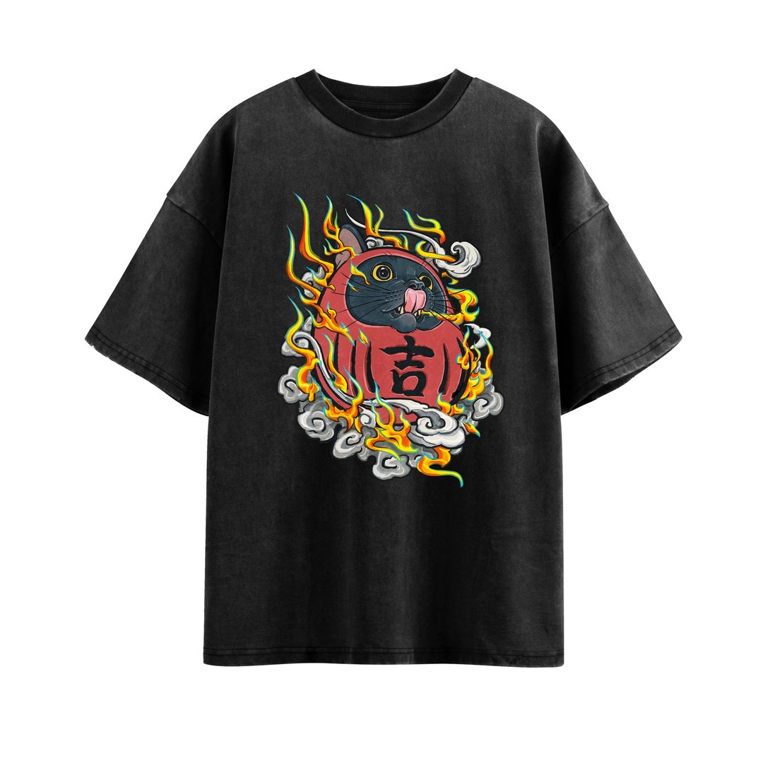 黑猫达摩洗水 T 恤 - 中性连帽卫衣/T 恤 - 棉 黑色