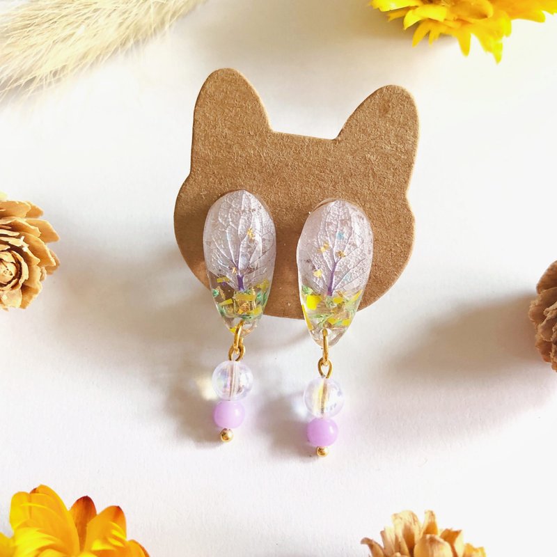 紫色小水滴绣球花耳夹 手作 干燥花 日本树脂 真花 - 耳环/耳夹 - 树脂 紫色