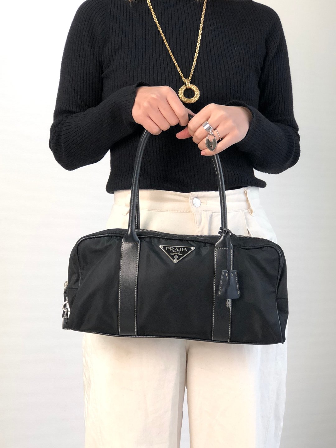 【日本直送 名牌中古包】PRADA 普拉达 手提包 黑色 经典三角 Logo 尼龙 钥匙锁 迷你波士顿包 vintage  xxiw34 - 手提包/手提袋 - 尼龙 黑色