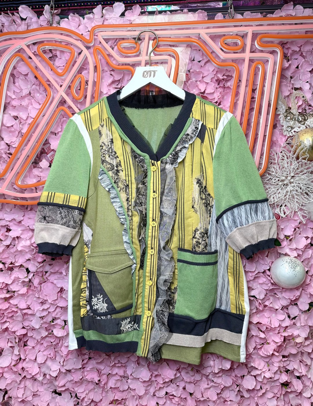 OTT只此一件•日系绿黄色刺绣洗水牛仔蕾丝针织外套cardigan - 女装针织衫/毛衣 - 棉 绿色