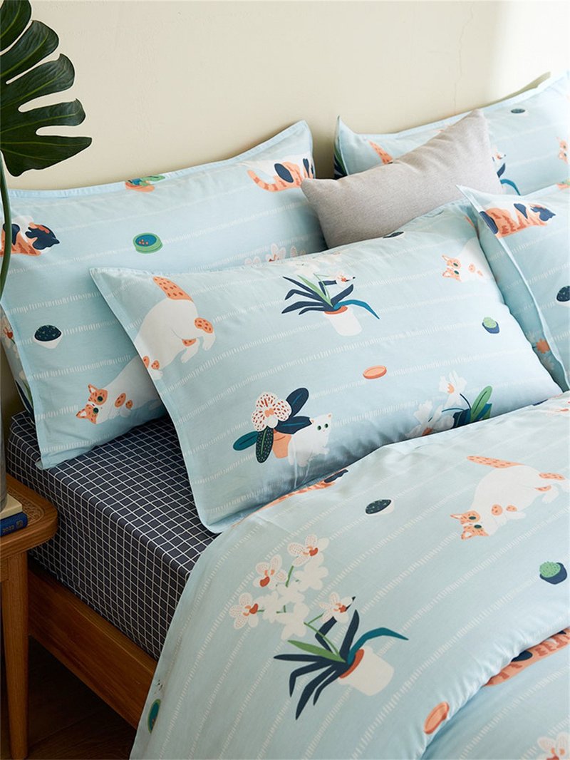 蘭花喵  單人雙人床單/床包 手繪貓咪40支純棉床品 枕套被套另購 - 寝具 - 棉．麻 蓝色