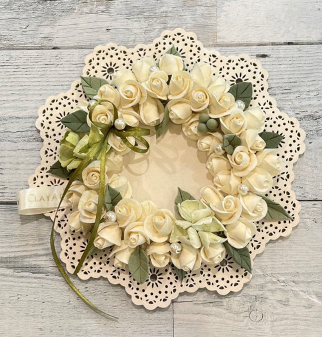 Eternal flower Clay art Milkwhite rose bud Luxurious lace board arrangeme - 墙贴/壁贴 - 陶 白色