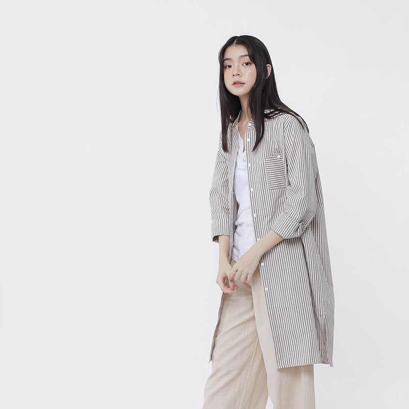 Melissa棉麻条纹口袋长版衬衫/亚麻 - 洋装/连衣裙 - 棉．麻 灰色