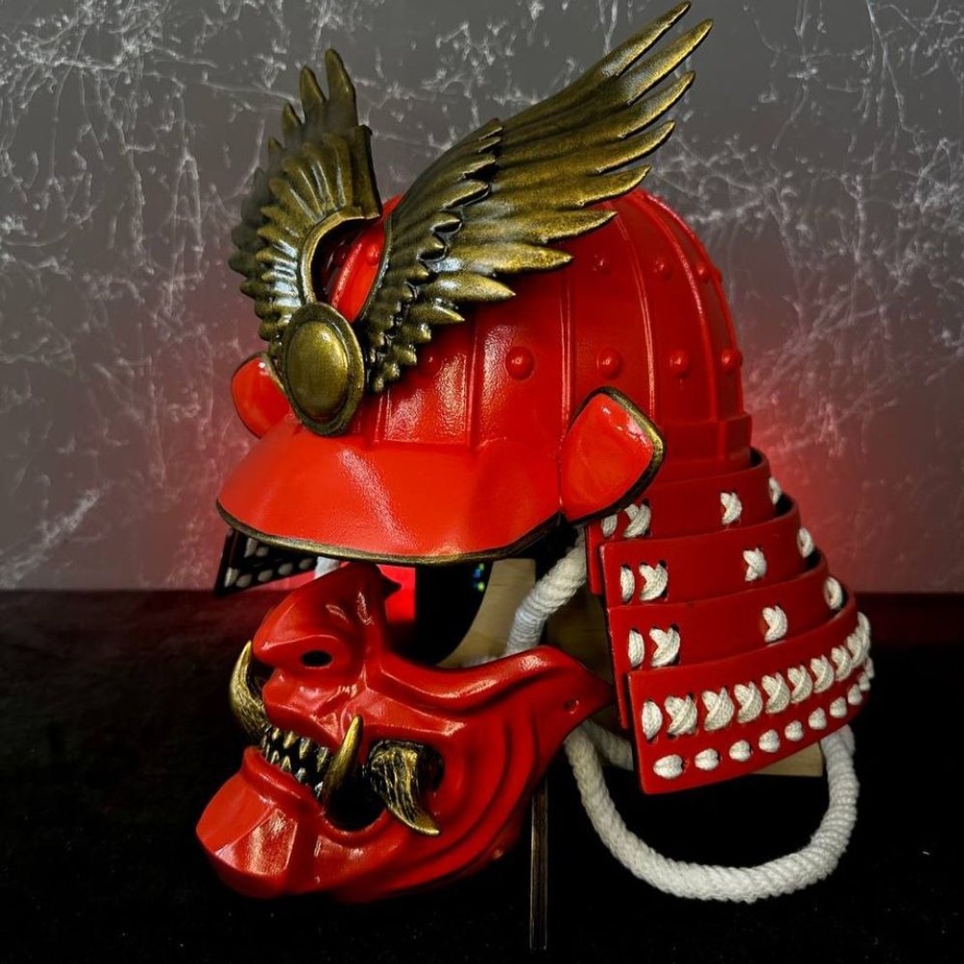 红色日本武士 Kabuto 头盔可穿戴，武士盔甲头盔角色扮演 - 口罩 - 树脂 红色