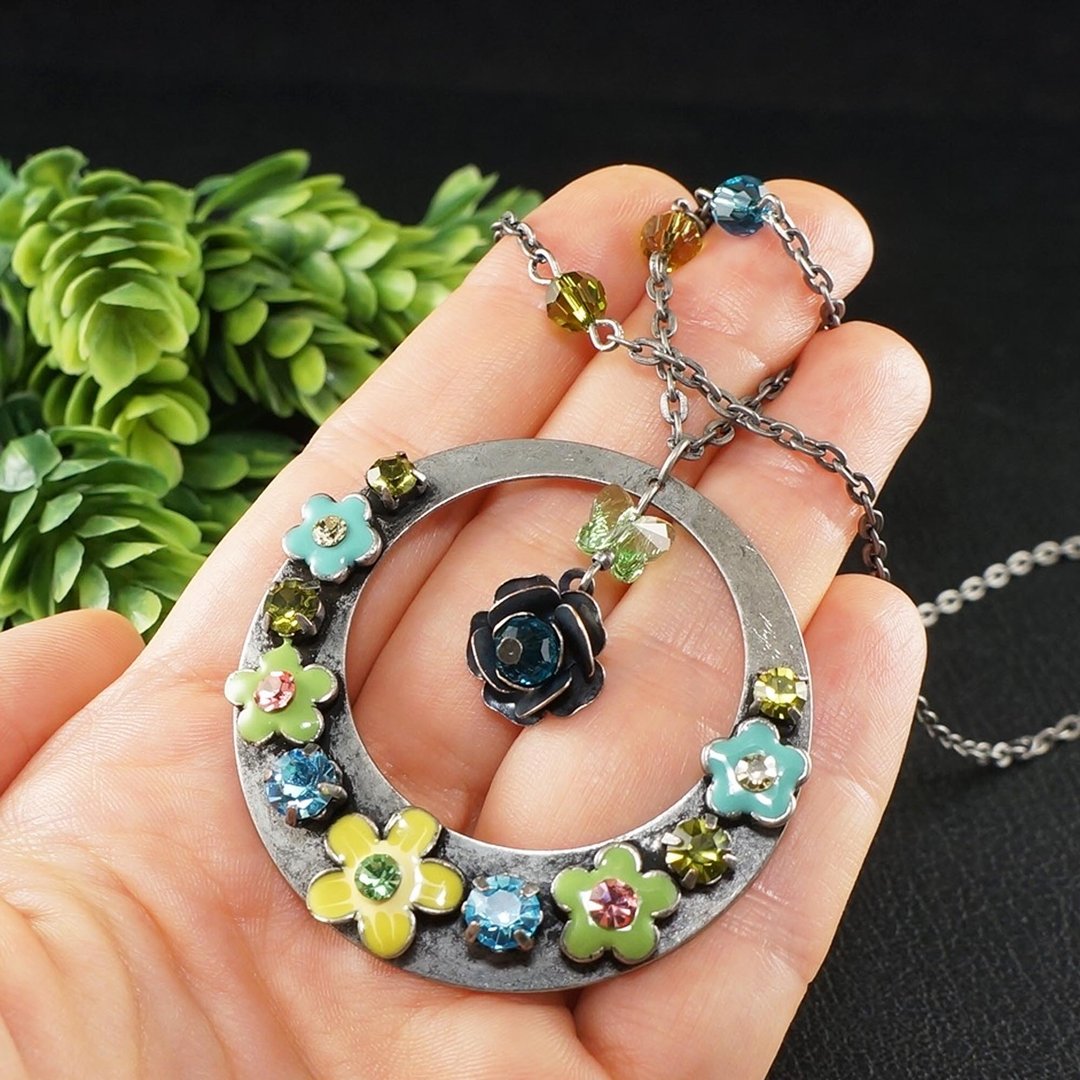 Yellow Blue Green Swarovski Crystal Enamel Flower Round Pendant Necklace Jewelry - 项链 - 水晶 银色