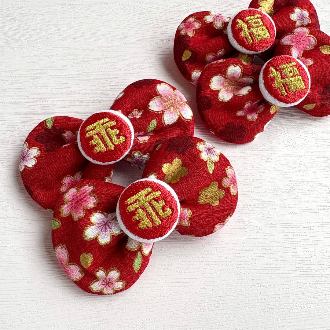 【乖乖福气到】手作和风金线刺绣发夹 萌 Q 发夹 日本烫金棉布 安全 - 发饰 - 棉 红色